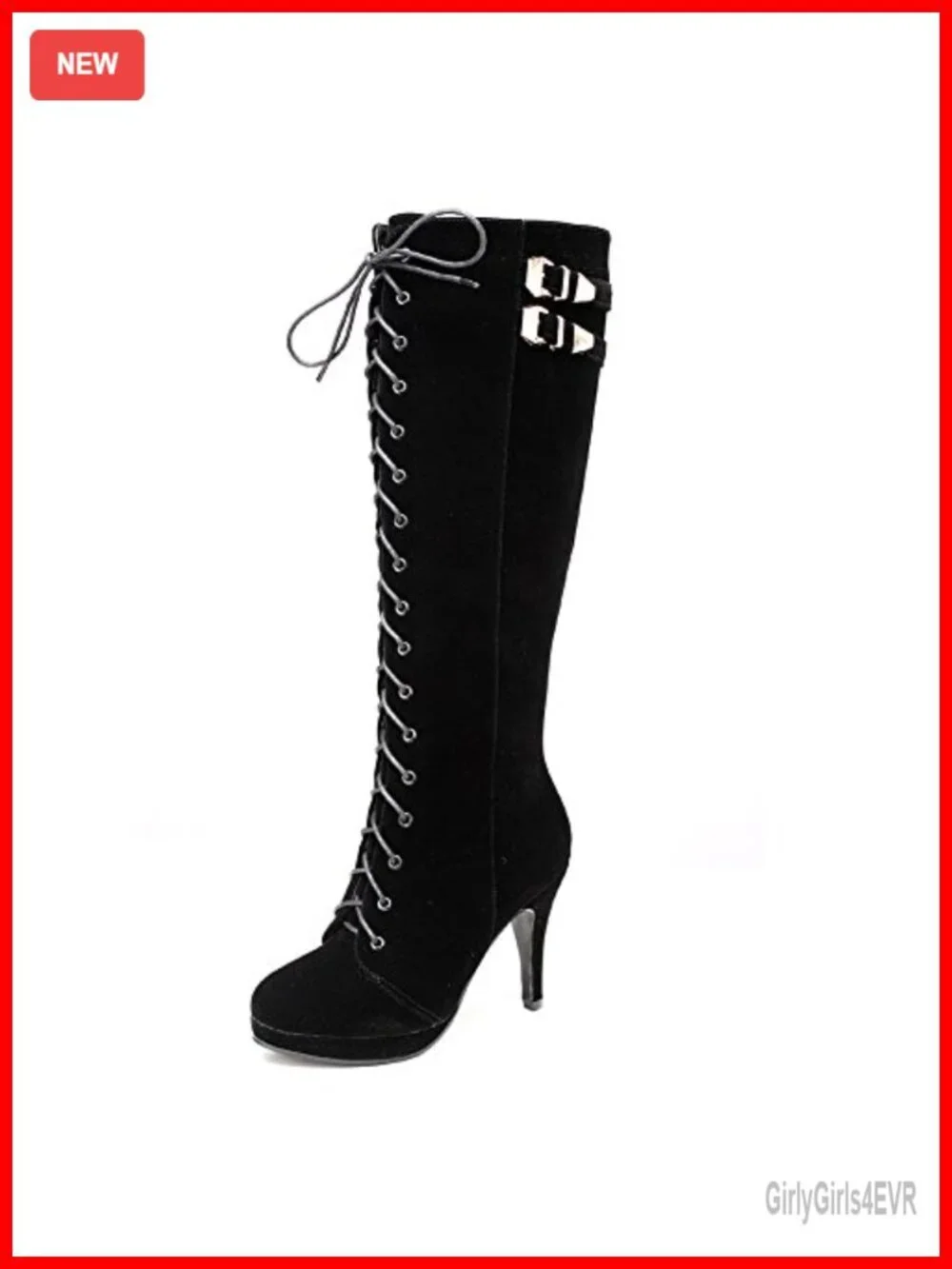Suede Knee High Lace Up Heeled Boots with Side Zipper & Buckle